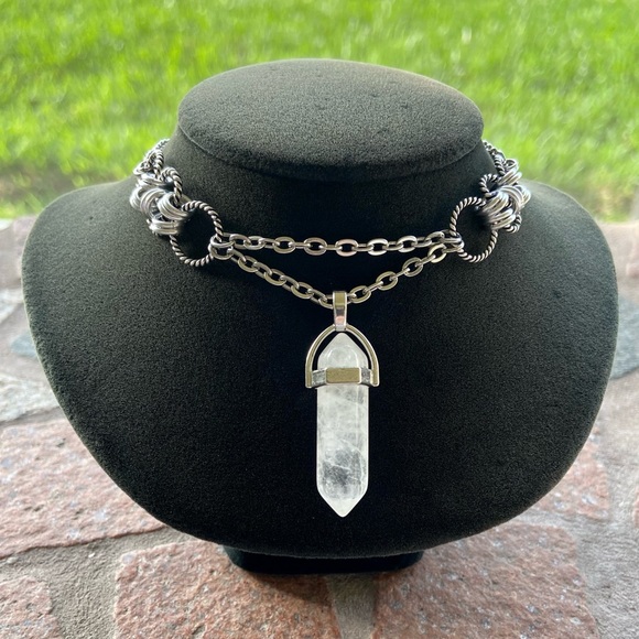 Handmade maille choker & Clear crystal quartz bullet charm boho necklace - Picture 14 of 15